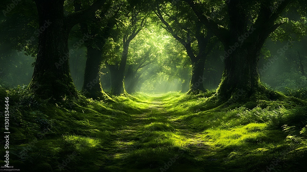 Obraz premium An Enchanting Trail in a Verdant Forest, With Soft Moss and Majestic Trees Guiding the Way