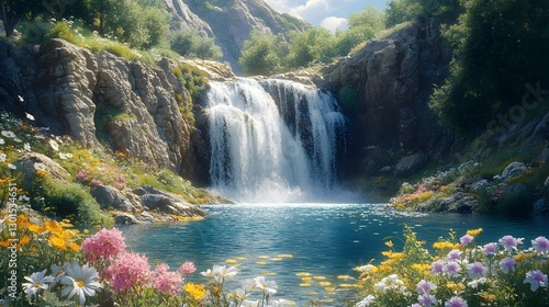 A Breathtaking Waterfall Spilling from Rocky Moss-Covered Cliffs Into the Deep Blue Sacramento River Surrounded by Lush Wildflowers