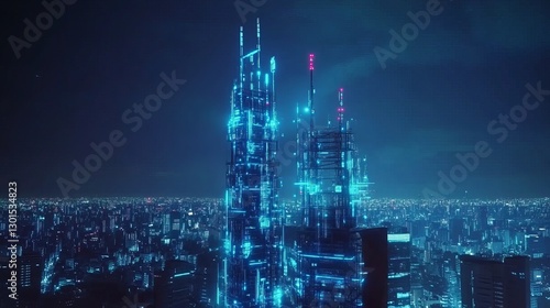 Telecommunication tower with a 5G cellular network antenna against a city background illustrating global connectivity and internet network concepts
