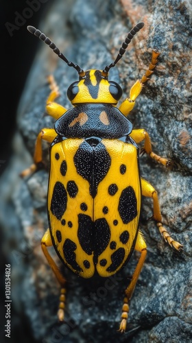 Colorful Beetle Resting on a Rock With Yellow and Black Pattern in Nature