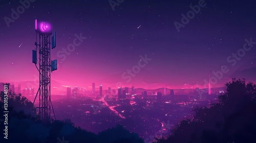 Telecommunication tower with a 5G cellular network antenna against a city background illustrating global connectivity and internet network concepts