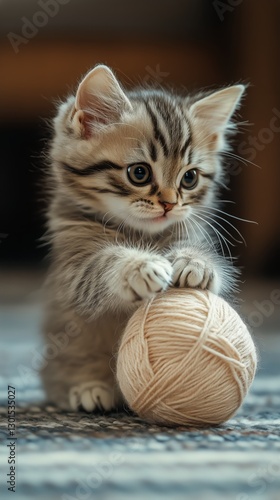 Playful Kitten Engages With Yarn Ball in Cozy Indoor Setting