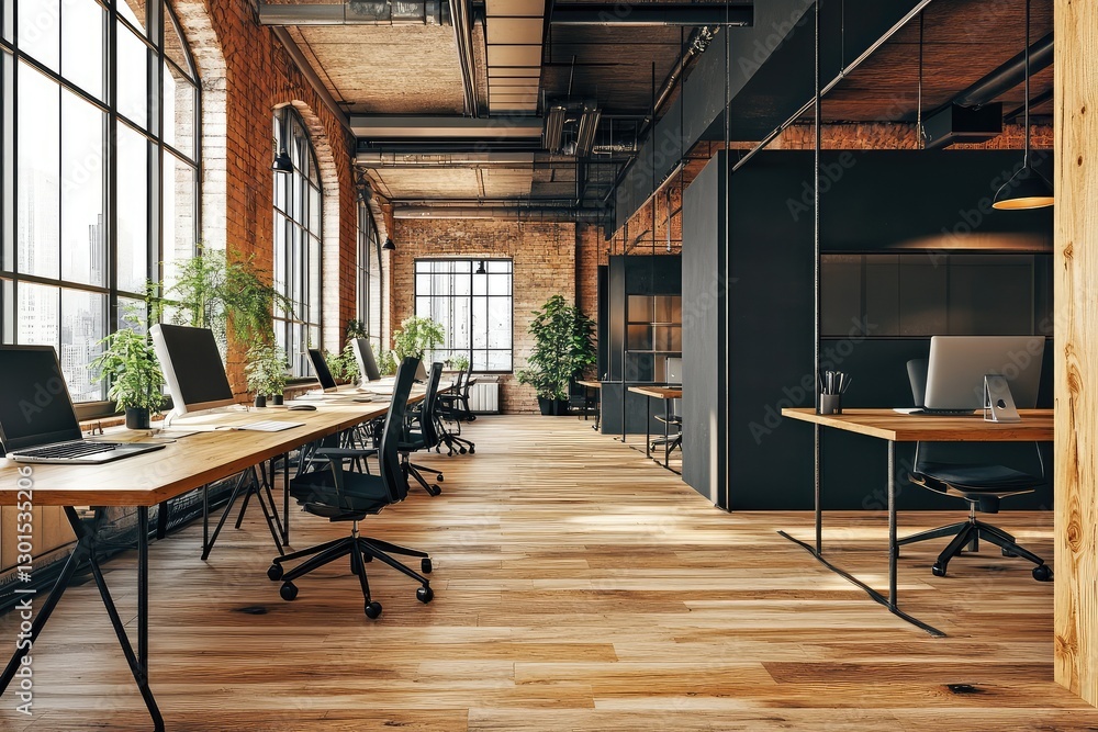 Modern office with banner and contemporary design elements. AI generated illustration. Modern office with banner and contemporary design elements. AI generated illustration.