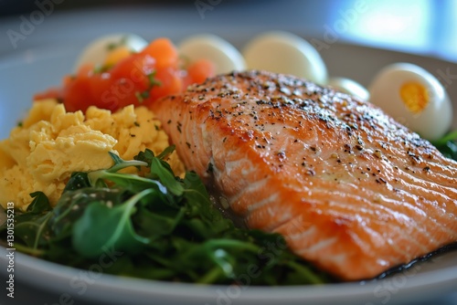 Delicious Salmon Fillet Served With Scrambled Eggs and Fresh Vegetables in a ...