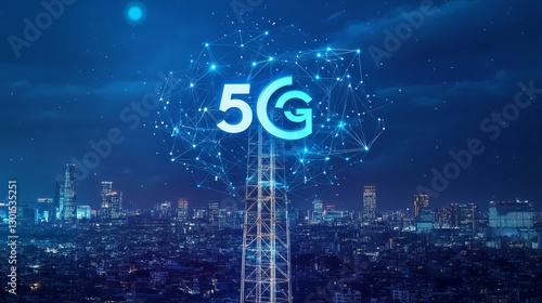 Telecommunication tower with a 5G cellular network antenna against a city background illustrating global connectivity and internet network concepts