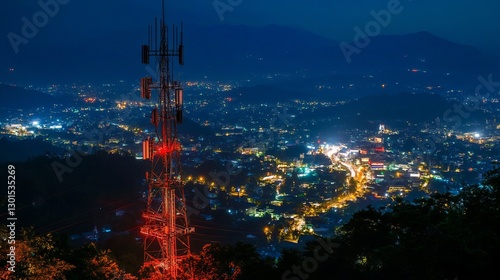 Telecommunication tower with a 5G cellular network antenna against a city background illustrating global connectivity and internet network concepts