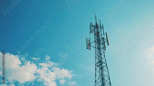 Telecommunication tower with a 5G cellular network antenna against a city background illustrating global connectivity and internet network concepts