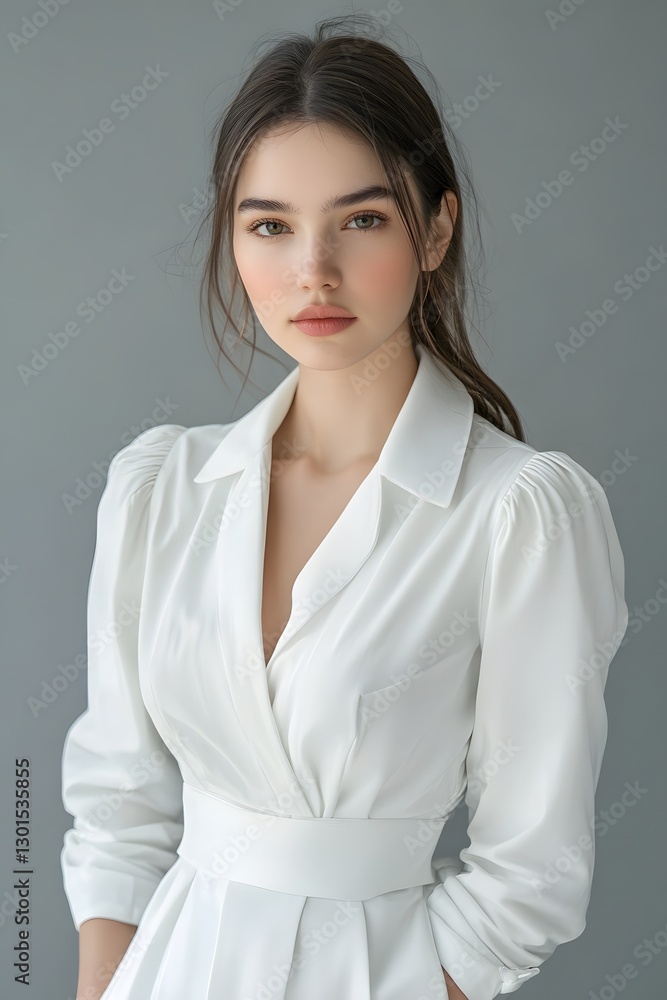 Woman in a white dress is standing in front of a grey background. She has a serious expression on her face and her hair is pulled back Woman in a white dress is standing in front of a grey background. She has a serious expression on her face and her hair is pulled back