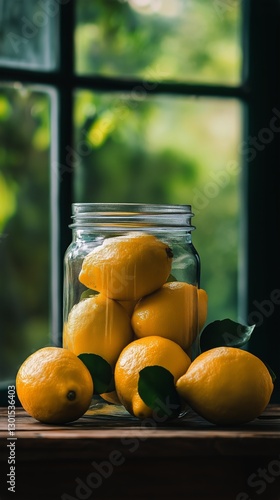 Fresh Lemons Arranged in a Glass Jar Against a Rustic Blue Wooden Background