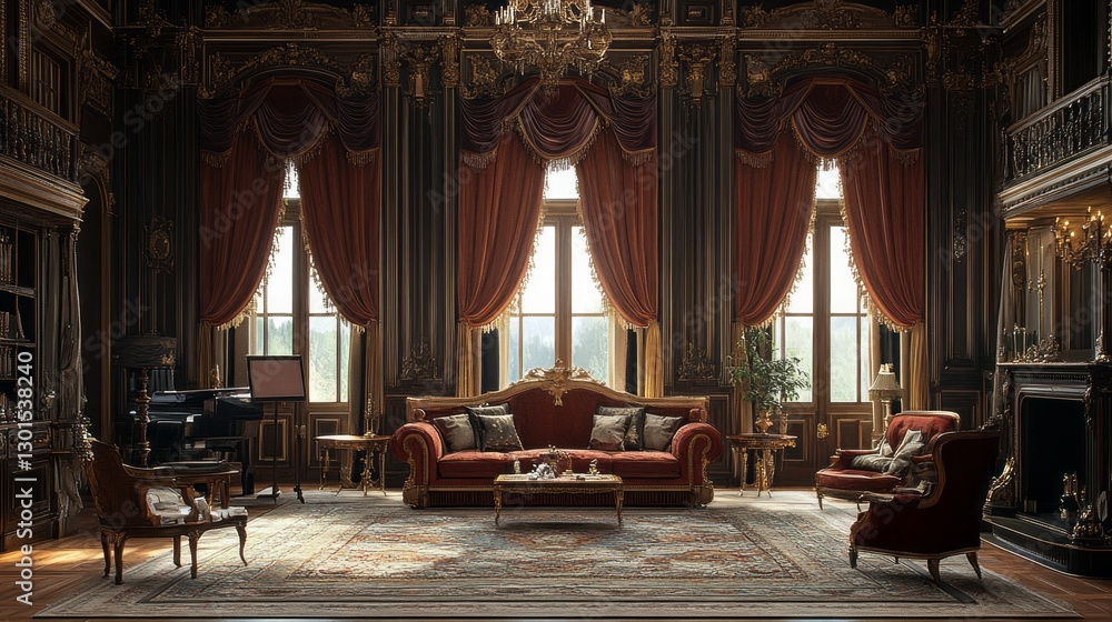 Fototapeta premium This luxurious living room features ornate details, symmetrical layouts, and plush velvet curtains. Antique furniture enhances the opulent ambiance, inviting comfort and sophistication
