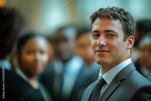 Young Professional in Suit and Glasses Attending Networking Event in a Modern...