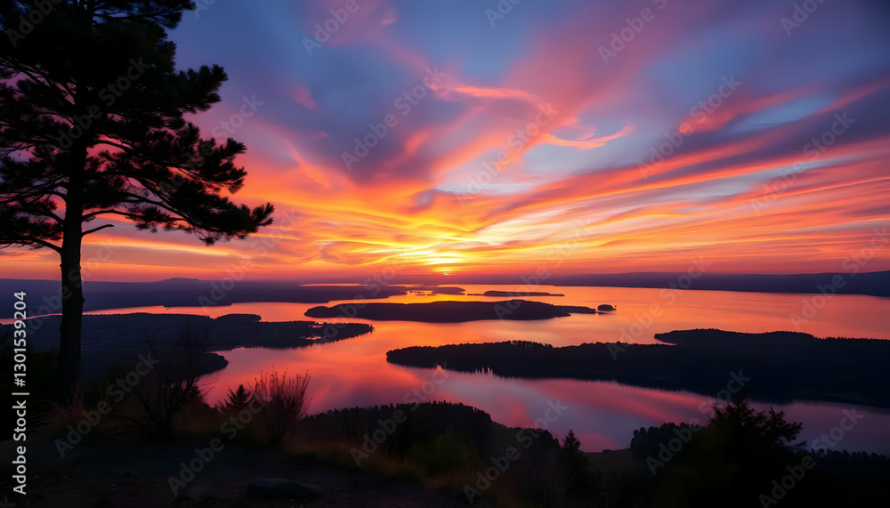 A beautiful sunset over a lake with multiple small islands A beautiful sunset over a lake with multiple small islands