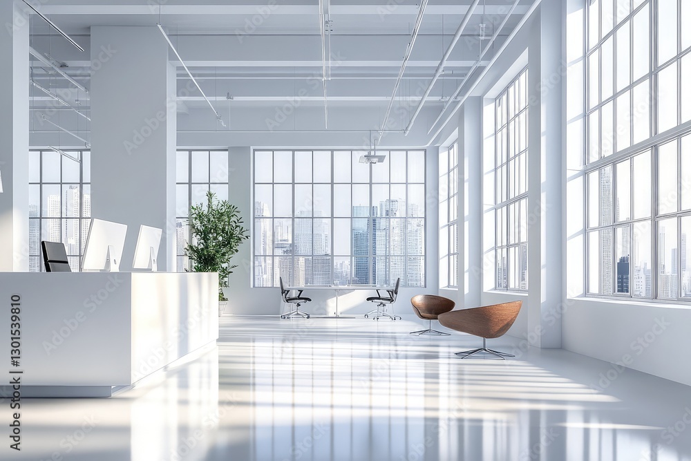 Fototapeta premium Modern sunny white style open space office with big windows. AI generated illustration.