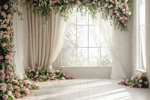 Floral wedding arch with sheer curtains and window.