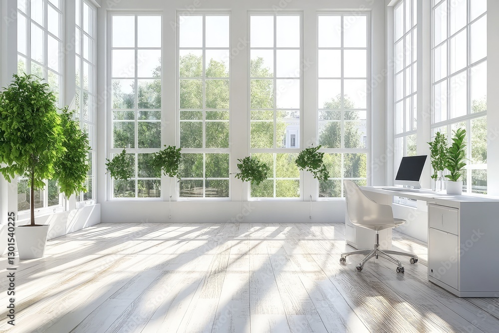 Fototapeta premium Modern sunny white style open space office with big windows. AI generated illustration.