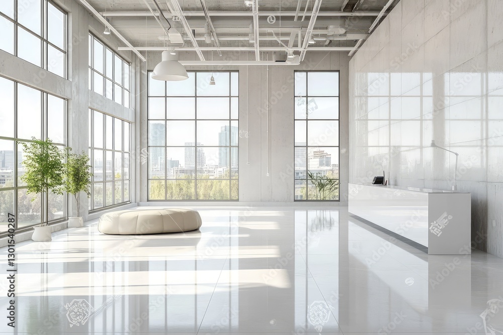 Fototapeta premium Modern sunny white style open space office with big windows. AI generated illustration.