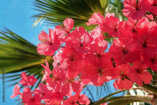 Blossoming Pink Flowers Against a Clear Blue Sky With Palm Leaves in a Tropic...