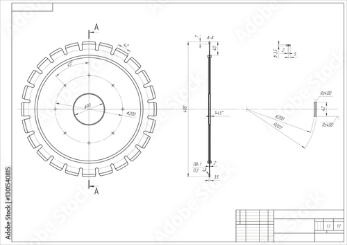 Assembly drawing of milling cutter, 
diamond saw, toothed cutting disc.
Vector design of steel mechanical device with 
dimension lines.
Engineering technic computer cad scheme on 
paper sheet.