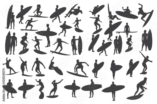 A collection of surfing silhouettes featuring different surf poses and actions. Ideal for sports, adventure, and ocean-themed designs.