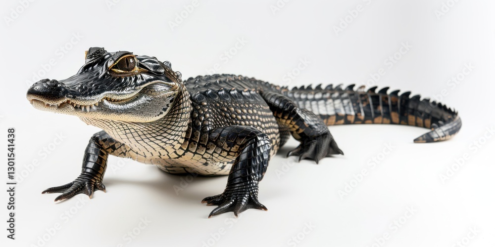 Fototapeta premium On a white backdrop, an alligator stands tall, its powerful body and intense stare capturing attention in the simple setting.