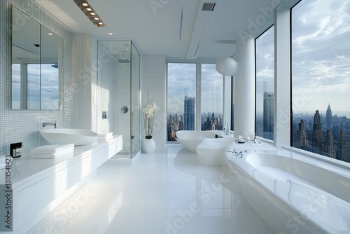 Modern white bathroom with decorative objects and city view. AI generated illustration. photo