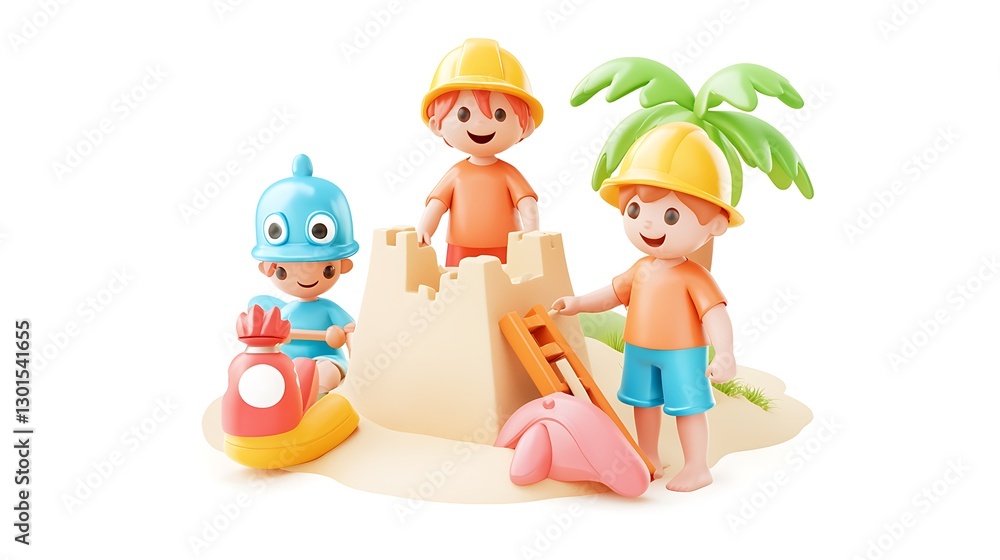Naklejka premium Children Playing with Toys at a Beach Scene with Sandcastle