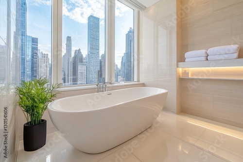 Modern white bathroom with decorative objects and city view. AI generated illustration. photo