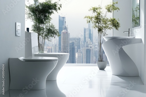 Modern white bathroom with decorative objects and city view. AI generated illustration. photo