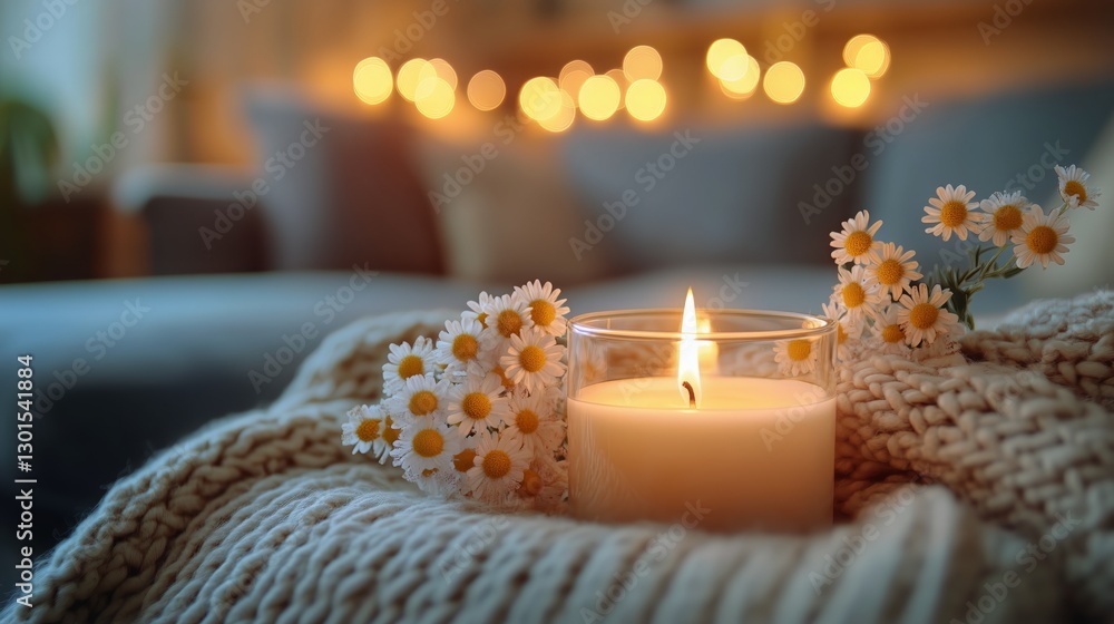 Fototapeta premium Warm Lighting and Flowers Create a Cozy Atmosphere in a Living Room With Soft Furnishings