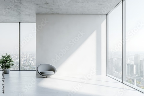 Modern white bathroom with decorative objects and city view. AI generated illustration. photo