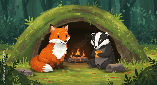 Forest Friends: Fox and Badger by Cozy Campfire, Charming Illustration