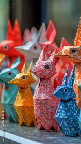 Colorful Origami Rabbits Displayed on a Table in a Sunny, Indoor Setting Duri...