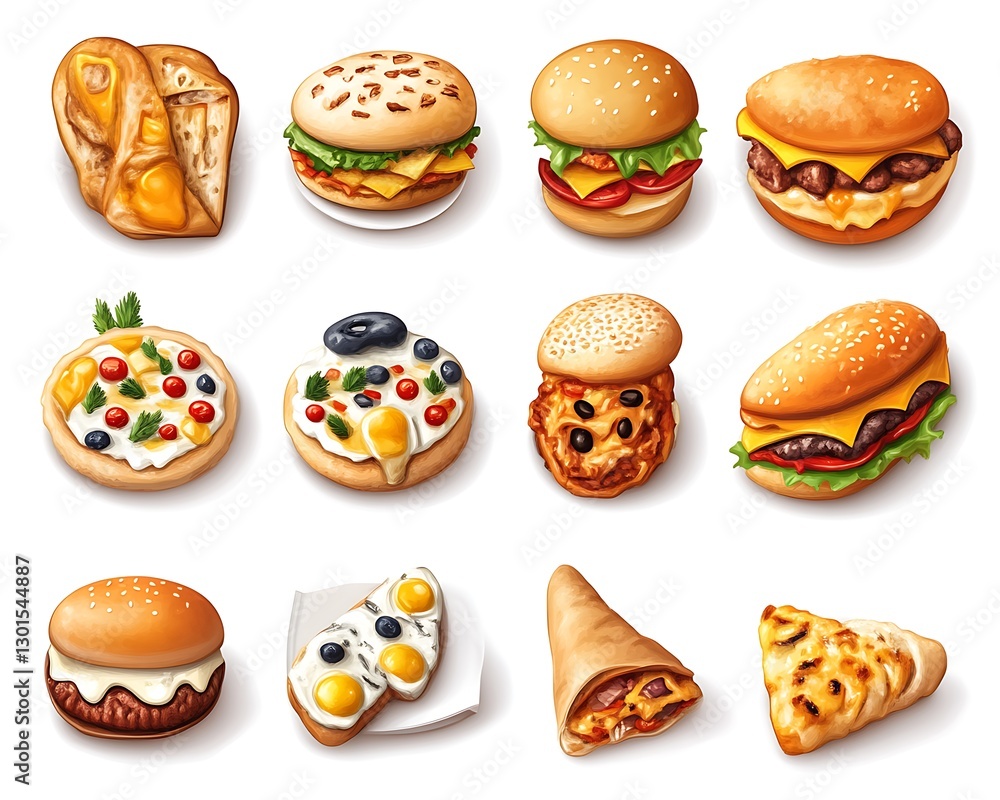 Assorted Foods Sandwich, Pizza, Pastry. Isolated Assorted Foods Sandwich, Pizza, Pastry. Isolated