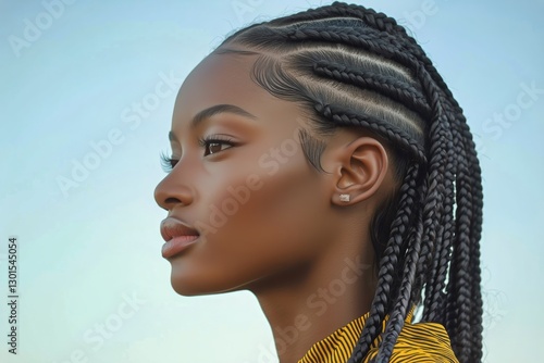 Braided Hairstyle Against Clear Sky Background Showcases Elegance and Beauty