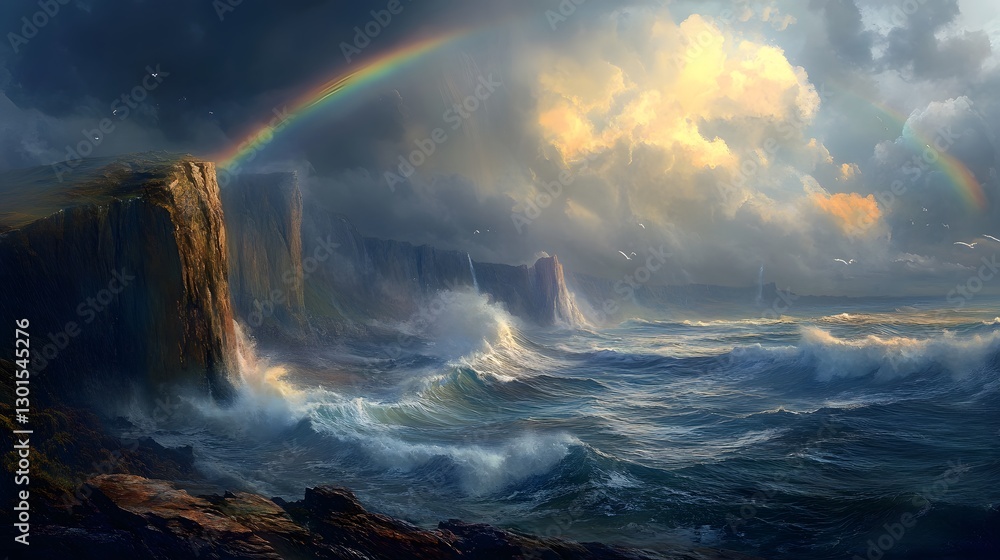 Fototapeta premium Dramatic cliffs and rocky coasts with stormy sea and rainbow