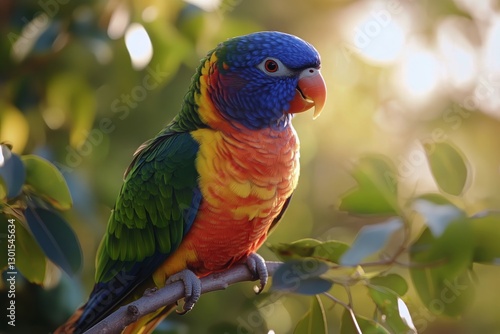 Colorful Parrot Perched on Branch Amidst Lush Foliage in Natural Light