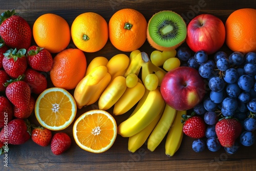 Fresh Assortment of Colorful Fruits Arranged Neatly on a Wooden Table