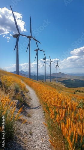 Wind Turbines Stand Tall Along a Scenic Pathway Through Golden Grass in a Hil...