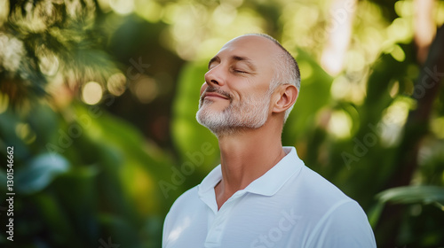 A content man standing in a lush green park, eyes closed and face lifted slightly upward, enjoying a moment of relaxation and deep breathing as he connects with nature.man in natur