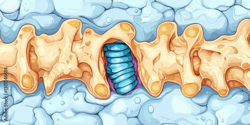 Detailed Anatomy Illustration: Spinal Column and Intervertebral Disc in Vertebrae Structure with Skeletal Framework, Bone Texture, and Medical Educational Diagram