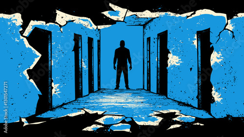 Silhouette in Blue Corridor with Cracked Wall Art | Mysterious Shadowy Figure | Dark Hallway Scene | Grunge Texture | Surreal Urban Exploration Image