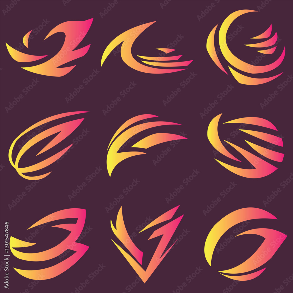 Fototapeta premium Abstract Gradient Tribal Logo Elements Set Modern Dynamic Swirl and Swoosh Vector Designs