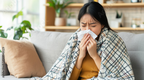 An unwell Asian woman sitting on a sofa, wrapped in a warm plaid blanket, holding a tissue while looking tired and sick. Her expression conveys discomfort, suggesting she is suffer