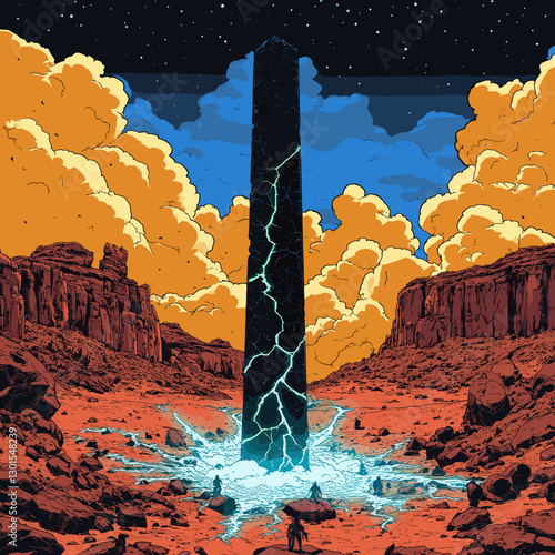 Mysterious Black Monolith in Desert with Striking Red Rocks and Vibrant Blue Sky Amidst Dramatic Golden Clouds at Night - Awe-Inspiring Sci-Fi Landscape