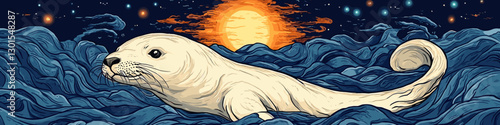 Majestic Seal in Artistic Ocean Waves with Vibrant Sunset Background and Starry Sky - Marine Life Illustration for Nature, Ocean, Seal, Sunset, Art Enthusiasts