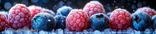 Blueberries and raspberries surrounded by frost frozen food closeup. Generative AI photo