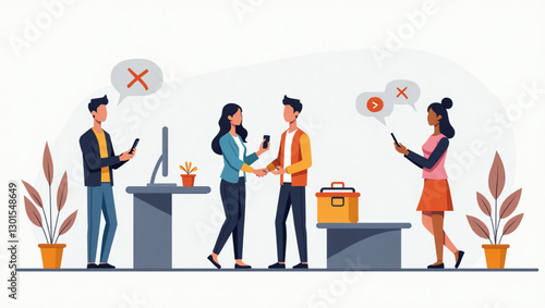 Contactless payment concept with people using smartphones as electronic wallets, illustrating modern technology and convenience in financial transactions