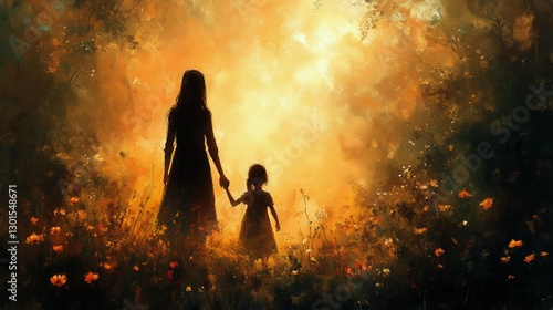 Warm Sunset Glow Illuminates Silhouette of Woman and Child in Vibrant Flower ...
