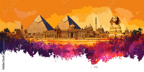 Pyramids of Giza Sphinx Desert Egyptian Architecture Iconic Landmarks Orange Sky Paint Splashes Art Collage Historical Monumental Travel Destination Poster