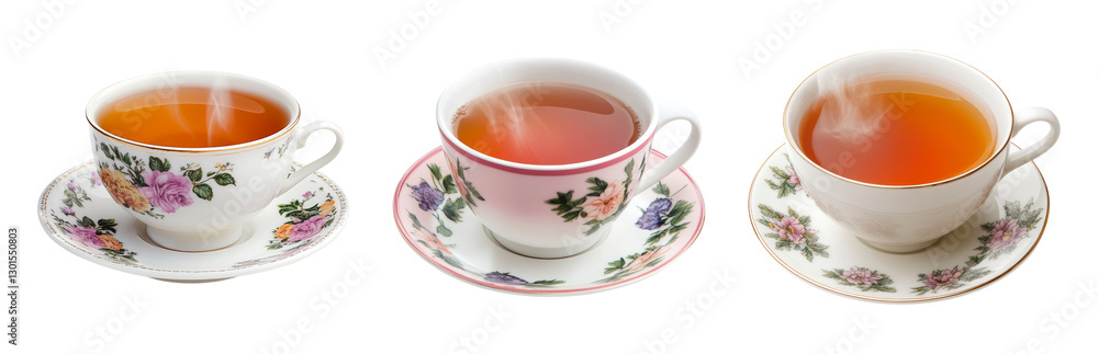 Elegant Teacups with Steaming Tea on White Isolated on transparent background Elegant Teacups with Steaming Tea on White Isolated on transparent background
